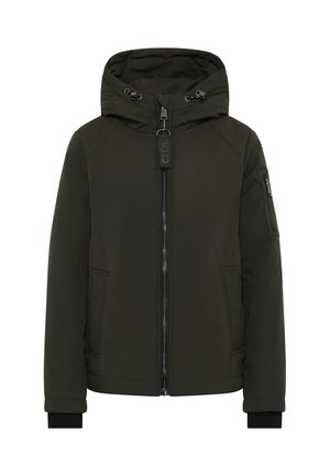Veste matelassée verte avec capuche, dotée d'une fermeture éclair sur le devant, de poches latérales et d'accents texturés sur les manches. Cordon de serrage ajustable à la capuche.