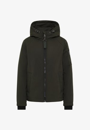 Grüne gepolsterte Jacke mit Kapuze, mit einem Frontreißverschluss, Seitentaschen und strukturierten Akzenten an den Ärmeln. Verstellbarer Kordelzug an der Kapuze.