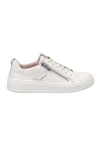Weiße Leder-Sneaker mit strukturierten Wildleder-Akzenten, Schnürdesign, seitlichem Reißverschluss und einer robusten Gummisohle. Niedriges Profil.