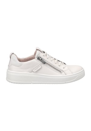 White leather sneaker with textured suede accents, lace-up design, side zipper, and a sturdy rubber sole. Low-profile silhouette.