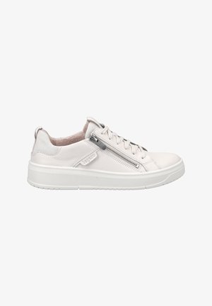 White leather sneaker with textured suede accents, lace-up design, side zipper, and a sturdy rubber sole. Low-profile silhouette.