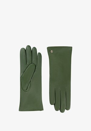 Green leather gloves featuring a sleek design, five fingers, and a smooth texture. Includes a small silver accent detail.