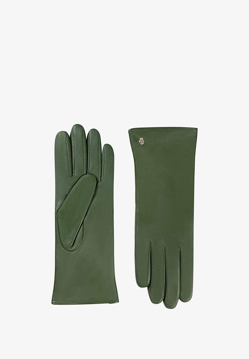 Grüne Lederhandschuhe mit einem eleganten Design, fünf Fingern und einer glatten Textur. Enthalten ein kleines silbernes Akzentdetail.