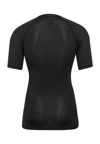 Svart kortärmad träningsskjorta med en slät textur, nätdetaljer och en figurnära design med rund halsringning.