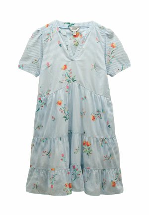 Hellblau-weiß gestreiftes Kleid mit kurzen Ärmeln, V-Ausschnitt, gestuftem Rock und verstreutem orange-, pink- und grünem Blumenmuster.