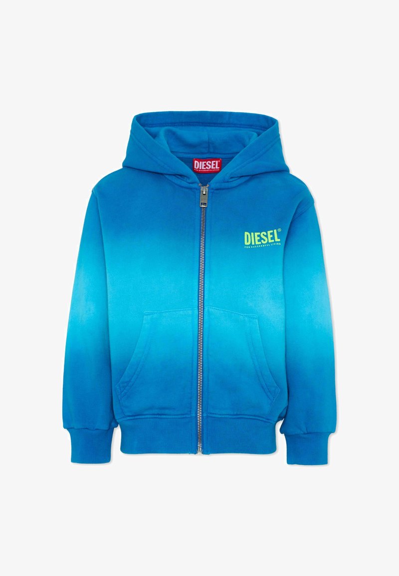 Sweat à capuche zippé dégradé bleu avec poches avant, poignets côtelés et logo Diesel jaune sur la poitrine.