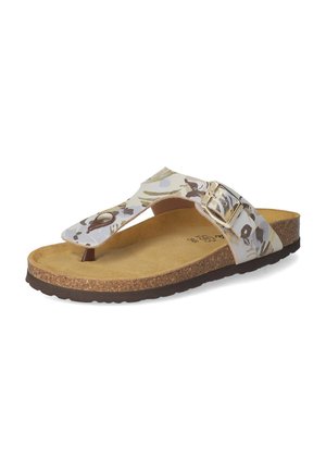 Teenslippers met kurken zool, beige voetbed, witte band met meerkleurig bloemenpatroon en goudkleurige verstelbare gesp.