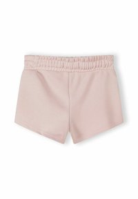 Shorts à taille élastique rose clair avec un tissu doux et des détails de couture simples, conçus pour un usage décontracté.