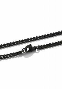 Catena in metallo nero con anelli interconnessi e arrotondati e chiusura a moschettone. La superficie liscia e la finitura lucida evidenziano il design.