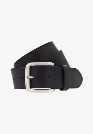 Black leather belt with a rectangular silver buckle, featuring holes for adjustments and a branded leather loop. Smooth texture throughout.