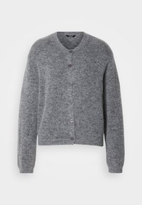 Lichtgrijze cardigan van zacht breimateriaal, met een ronde hals, lange mouwen en zes knoopsluitingen met paarse accenten.