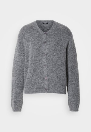 Helehallid kardigan, mis on valmistatud pehmest kudumismaterjalist, ümmarguse kaelusega, pikad varrukad ja kuue nööbiga kinnitamisega, millel on lillad aktsendid.