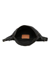 Schwarze Leder-Crossbody-Tasche mit einem Reißverschluss. Das Innere ist mit einem glatten Stofffutter ausgestattet und verfügt über ein kleines Lederetikett. Verstellbarer Tragegurt enthalten.