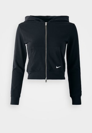 Black cropped hoodie with silver zipper and front pocket. Made of soft, stretchy fabric. Features a hood and small Nike logo on the chest.