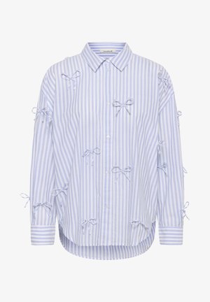 Pruhovaná košeľa na gombíky v svetlomodrej a bielej farbe, s dekoratívnymi mašľami na rukávoch, s voľným strihom a zakriveným lemom.