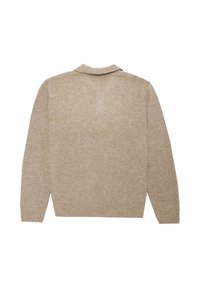 Beiger Wollpullover mit Kragen, langen Ärmeln und gerippten Bündchen sowie Saum. Glatte Textur mit einem dezenten melierten Muster.