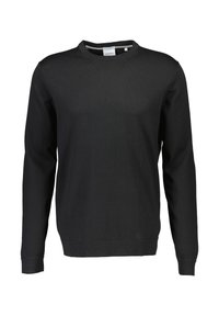 Czarny sweter z długim rękawem, okrągłym dekoltem i prążkowanymi mankietami. Miękka, jednolita tekstura; brak widocznych wzorów i detali hardware.