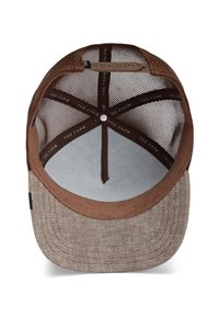 Gorra snapback marrón con malla trasera. Cuenta con un visor estructurado e interior forrado, con un sutil patrón de espiga y etiqueta de la marca.