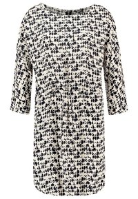 Kermainen mekko, jossa on musta abstrakti kuvio, lyhyet hihat, pyöreä kaula-aukko, rypytetty vyötärö ja rento mitoitus.