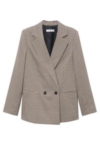Brown and cream checkered blazer with a double-breasted front, notched lapels, and two black buttons; structured fit and smooth texture.