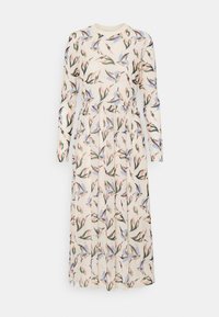 Langärmliges, cremefarbenes Kleid mit rundem Halsauschnitt und floralem Muster in grünen, blauen und rosa Tönen.