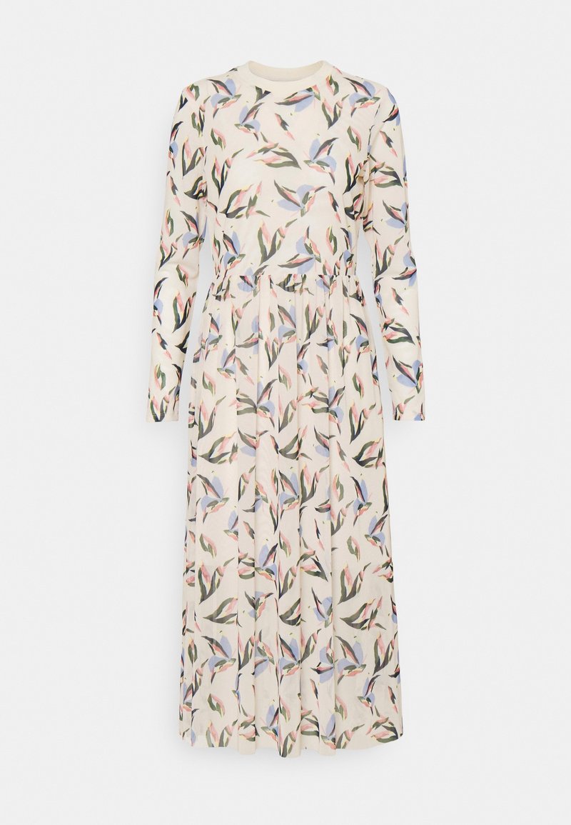 Langärmliges, cremefarbenes Kleid mit rundem Halsauschnitt und floralem Muster in grünen, blauen und rosa Tönen.