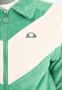 Grön och krämfärgad zip-up fleecejacka med krage, med en geometrisk design och en liten logotyp nära dragkedjan. Mjuk textur.