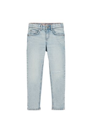 Jeans in denim blu chiaro con una finitura sbiadita, dotati di cinque tasche, chiusura a bottoni e leggere abrasioni sulle gambe.