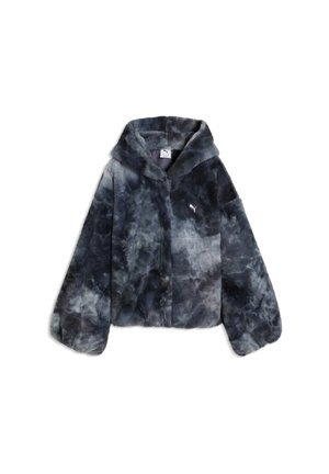 Dunkelgraue und schwarze Batik-Fake-Fur-Kapuzenjacke mit langen Ärmeln und einem kleinen weißen Puma-Logo auf der Brust.