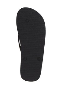 Zwarte rubberen sandaal met een voetbed dat een gestructureerd oppervlak heeft met een patroon voor grip en logo-details. Gebogen vorm met afgeronde randen.