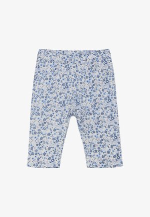 Blå och vita blommiga leggings med elastisk midja, tillverkade av mjukt material, med ett urval av små blommönster.