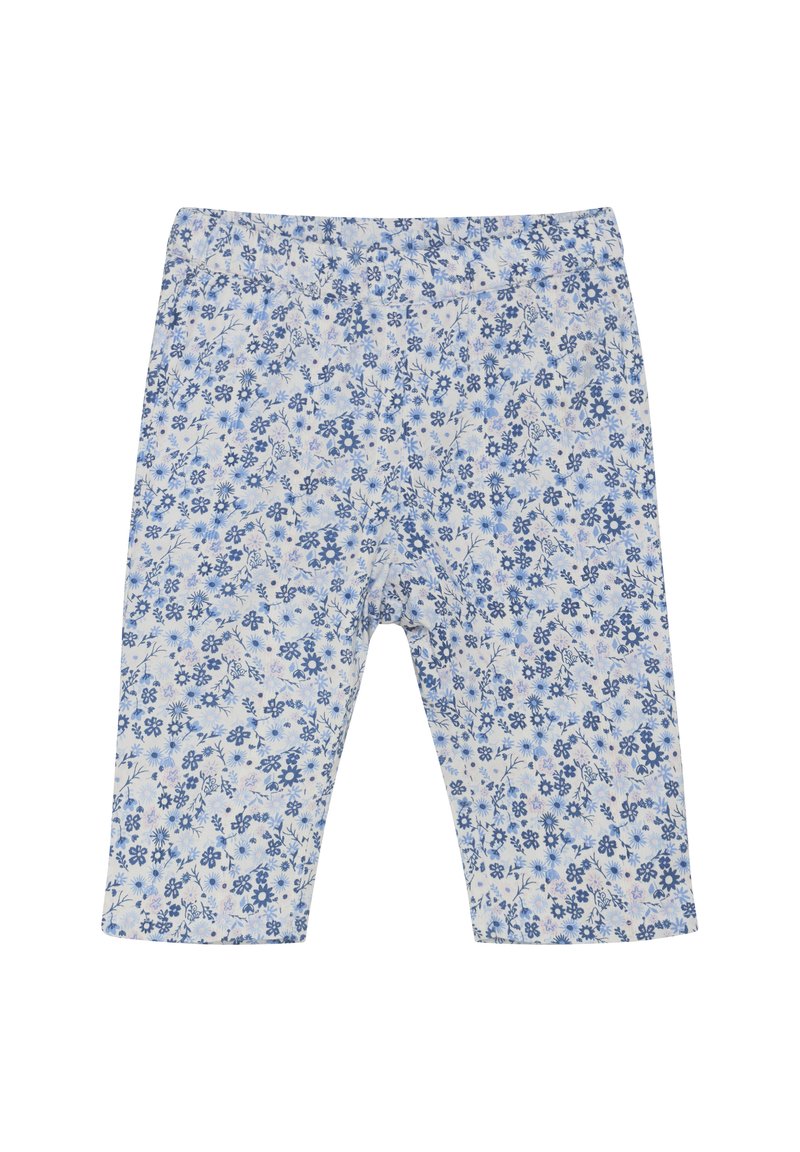 Blå och vita blommiga leggings med elastisk midja, tillverkade av mjukt material, med ett urval av små blommönster.