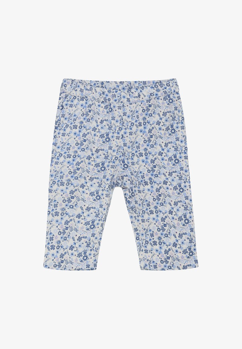 Legginsy w niebiesko-białe kwiatowe wzory z elastycznym pasem, wykonane z miękkiej tkaniny, z różnorodnymi małymi wzorami kwiatowymi.
