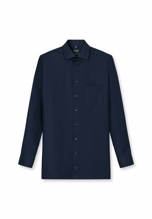 Navyblauw overhemd met lange mouwen van een gladde stof, voorzien van een button-down kraag, een borstzak en bijpassende knopen langs de sluiting.