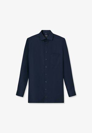 Dunkelblaues Langarmhemd aus glattem Stoff mit Button-Down-Kragen, einer Brusttasche und passenden Knopfdetails entlang der Knopfleiste.