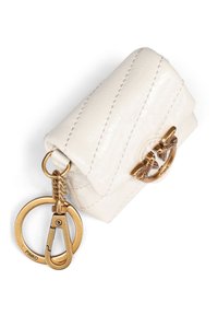 Μικρό λευκό δερμάτινο πορτοφολάκι με λουστρέ σχέδιο, χρυσό κρίκο, γάντζο καραμπίνερ και διακοσμητικό κούμπωμα σε σχήμα πουλιού.