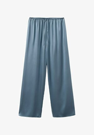 Pantaloni ampi azzurri con vita elastica e coulisse, realizzati in tessuto liscio e fluido.