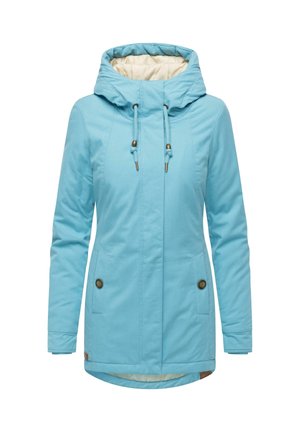 Jasnoniebieska wodoodporna kurtka z kapturem, ściągaczem, dwiema przednimi kieszeniami i guzikami. Gładki materiał z miękką podszewką.
