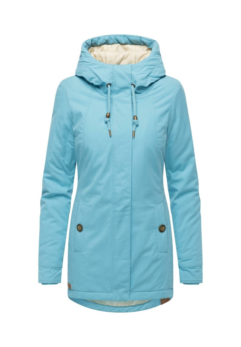 Jasnoniebieska wodoodporna kurtka z kapturem, ściągaczem, dwiema przednimi kieszeniami i guzikami. Gładki materiał z miękką podszewką.