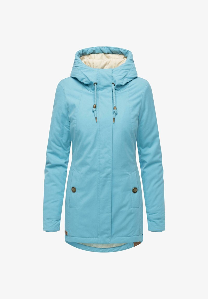 Jasnoniebieska wodoodporna kurtka z kapturem, ściągaczem, dwiema przednimi kieszeniami i guzikami. Gładki materiał z miękką podszewką.