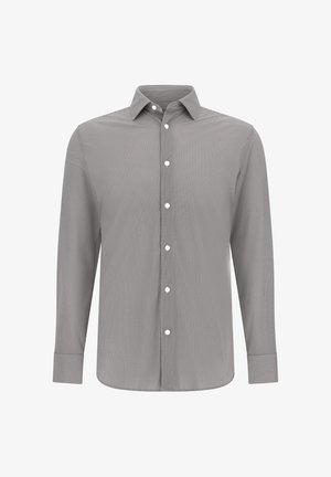 Szara koszula z długim rękawem w paski, z kołnierzykiem na guziki, z białymi guzikami i gładką teksturą. Wzór zawiera pionowe paski.