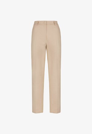 Beżowe spodniowe spodnie o gładkim materiale, z prostym krojem nogawek, płaskim przodem i dwiema bocznymi kieszeniami, z przeszytymi szwami.