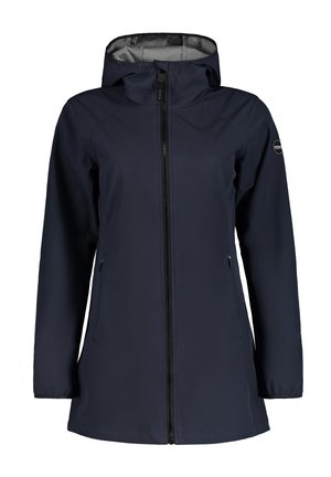 Marineblauwe lange jas met capuchon, ritssluiting aan de voorkant, twee zijzakken met rits en elastische manchetten, ontworpen voor koud weer.