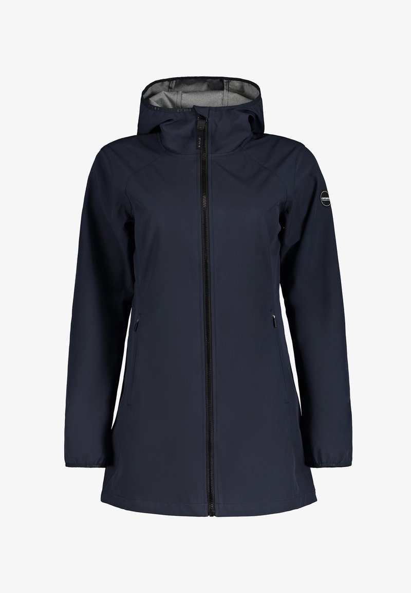 Veste longue bleu marine à capuche avec fermeture éclair devant, deux poches latérales zippées et poignets élastiques, conçue pour temps froid.