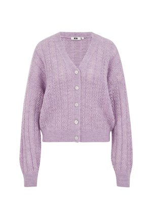 Lila gebreide cardigan met een V-hals, lange mouwen en geribbelde manchetten. Bevat een textuurpatroon en vijf witte knopen aan de voorkant.
