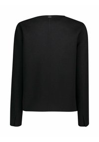 Giacca nera a maniche lunghe con cucitura dritta sul retro, scollatura a girocollo e design minimalista, mostrata da dietro.