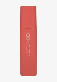 Coral-colored gel bottle with a matte finish and a rounded top. Features white text: "O&M CURL CURL GEL" with product details. Square base.