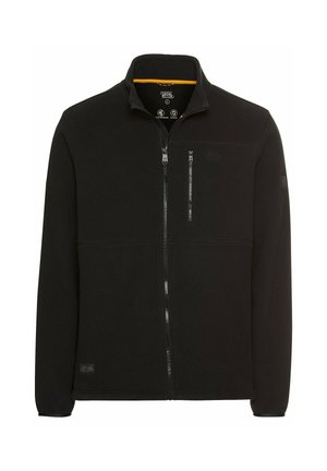 Black fleece jacket with a high collar, full front zipper, and two zippered pockets. Features a textured finish and subtle branding on the chest.