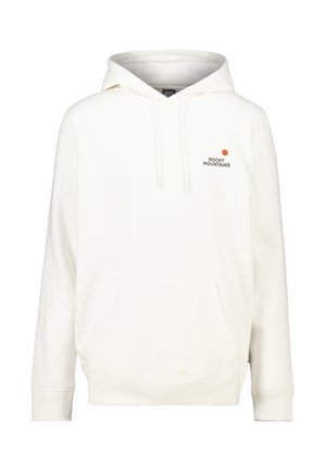 Witte katoenen hoodie met een voorzak, capuchon met trekkoord en een logo in zwart en oranje met de tekst "ROCKY MOUNTAINS." Zachte textuur.