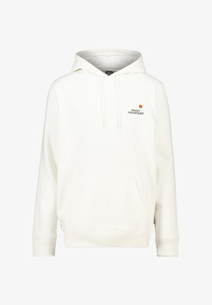Sudadera blanca de algodón con un bolsillo frontal, capucha con cordón y un logotipo en negro y naranja que dice "ROCKY MOUNTAINS". Textura suave.